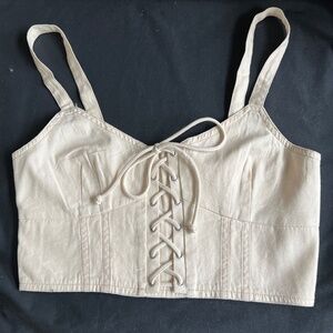 New American Eagle Crop Corset Tank Top Sz Medium Beige Lace up Front Smock Back